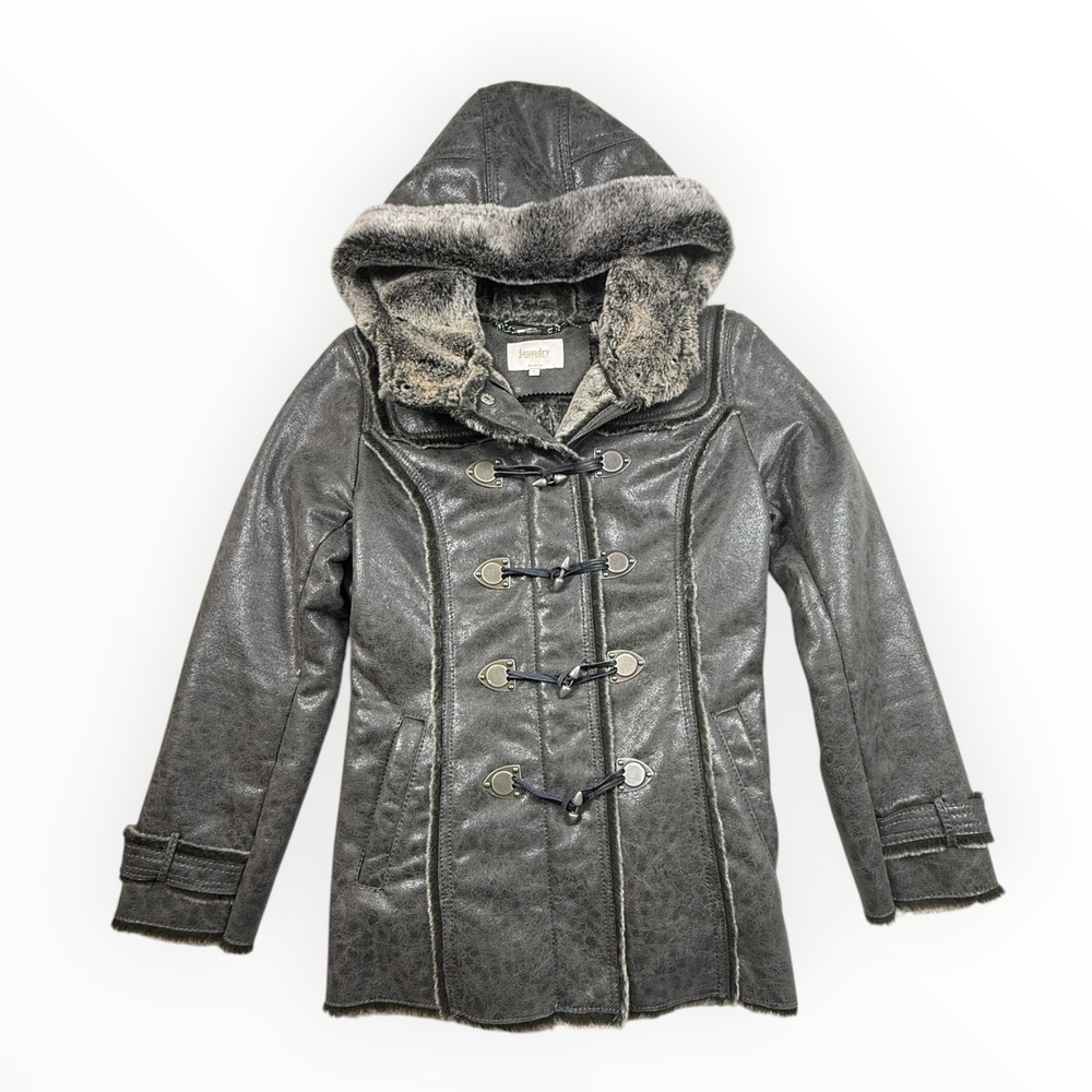 Laundry Shelli Segal Faux Shearling Coat Womens S Grey Toggle Hooded